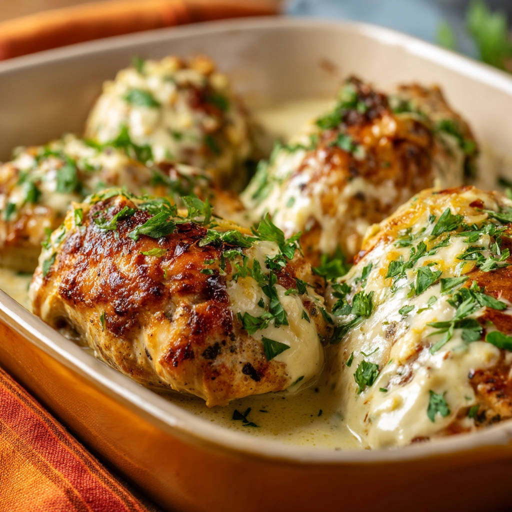Creamy baked chicken in a baking dish, topped with melted cheese and fresh parsley garnish.