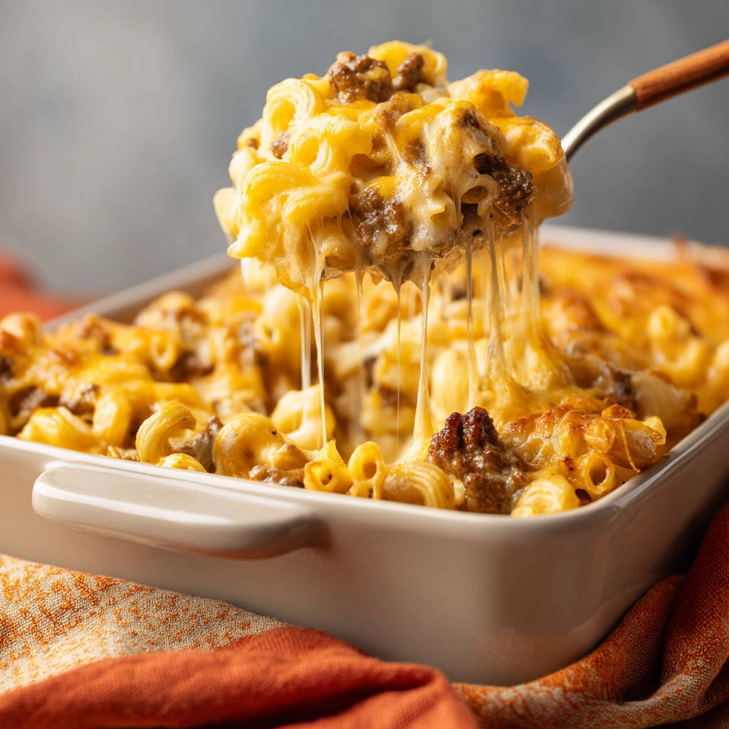 Creamy beef mac & cheese with a cheesy pull, showing the gooey texture of the baked pasta dish.