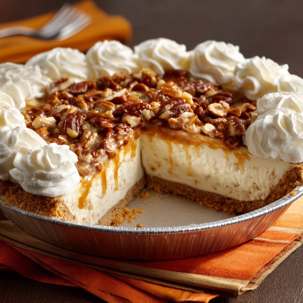 Creamy caramel pecan pie with a cross-section showing the rich filling and pecan topping, garnished with whipped cream.