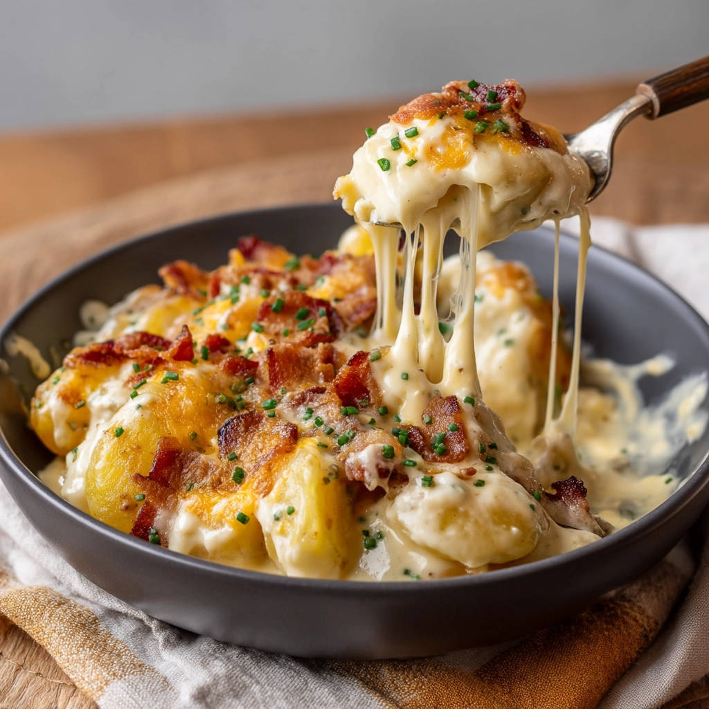 Creamy cheesy potatoes being lifted with a fork, showing a dramatic cheese pull and crispy bacon topping.