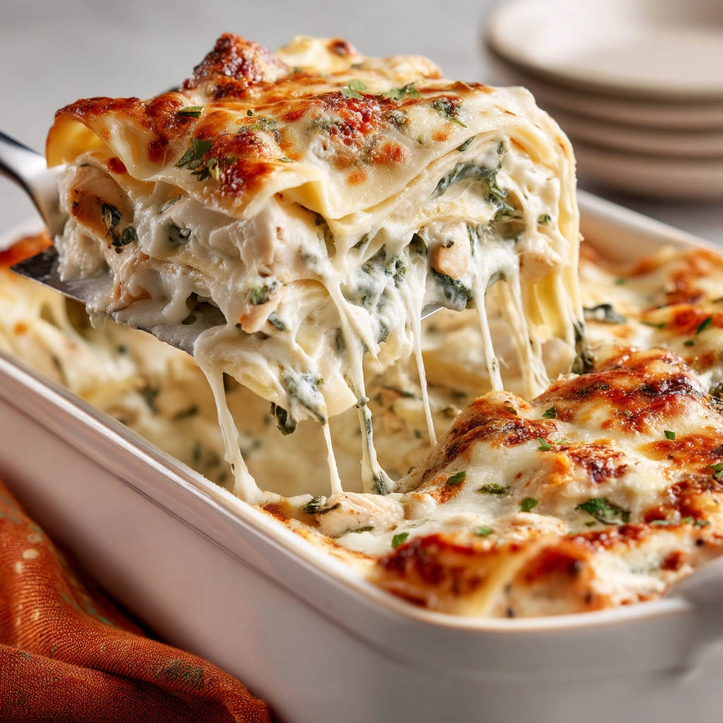 Creamy chicken lasagna, with a generous slice being lifted to show the gooey, melted cheese pull.