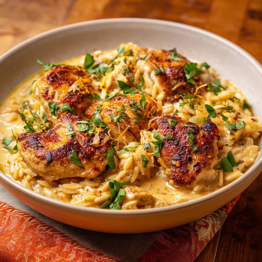 Creamy chicken orzo featuring seared chicken pieces in a rich sauce, garnished with fresh herbs.