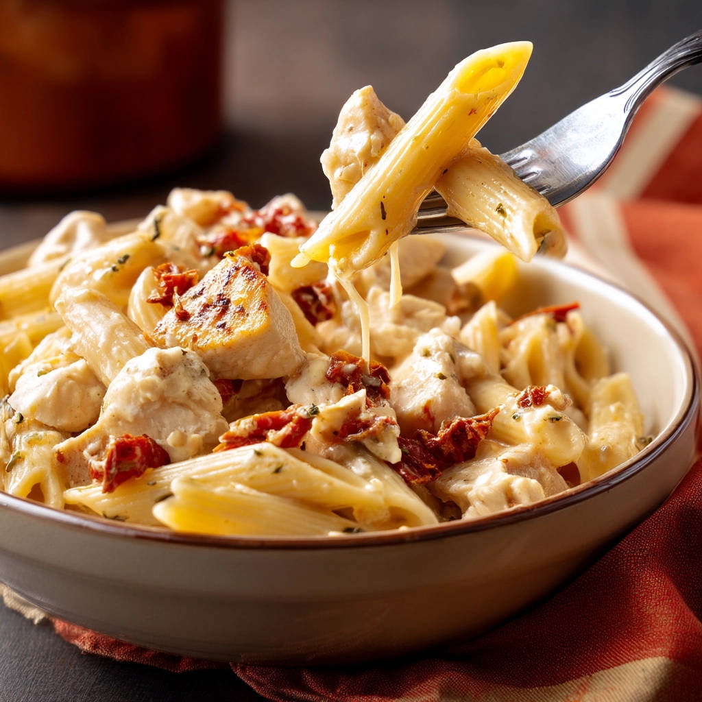 Creamy chicken penne with sun-dried tomatoes, a fork lifts pasta coated in sauce, showing a close-up of the creamy texture.
