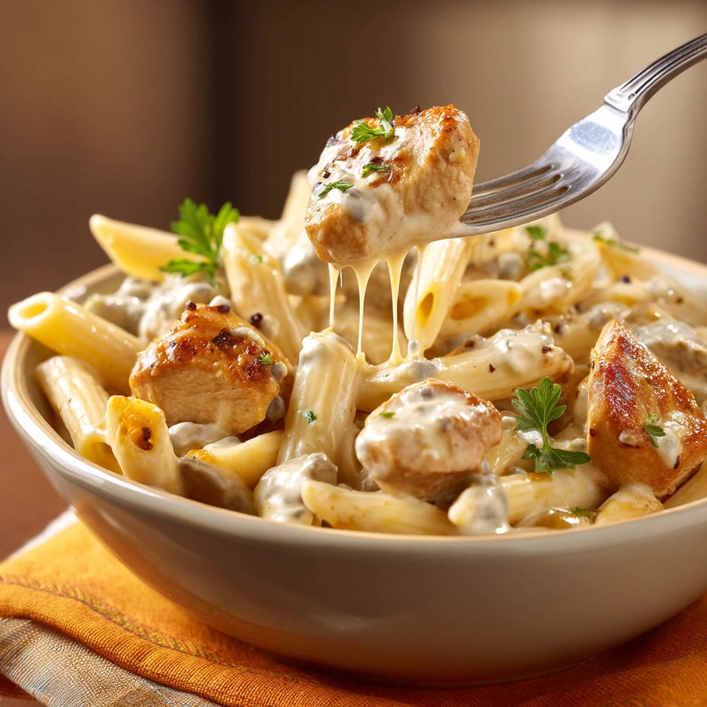 Creamy chicken penne with a fork lifting a piece, showing a gooey cheese pull from the sauce.