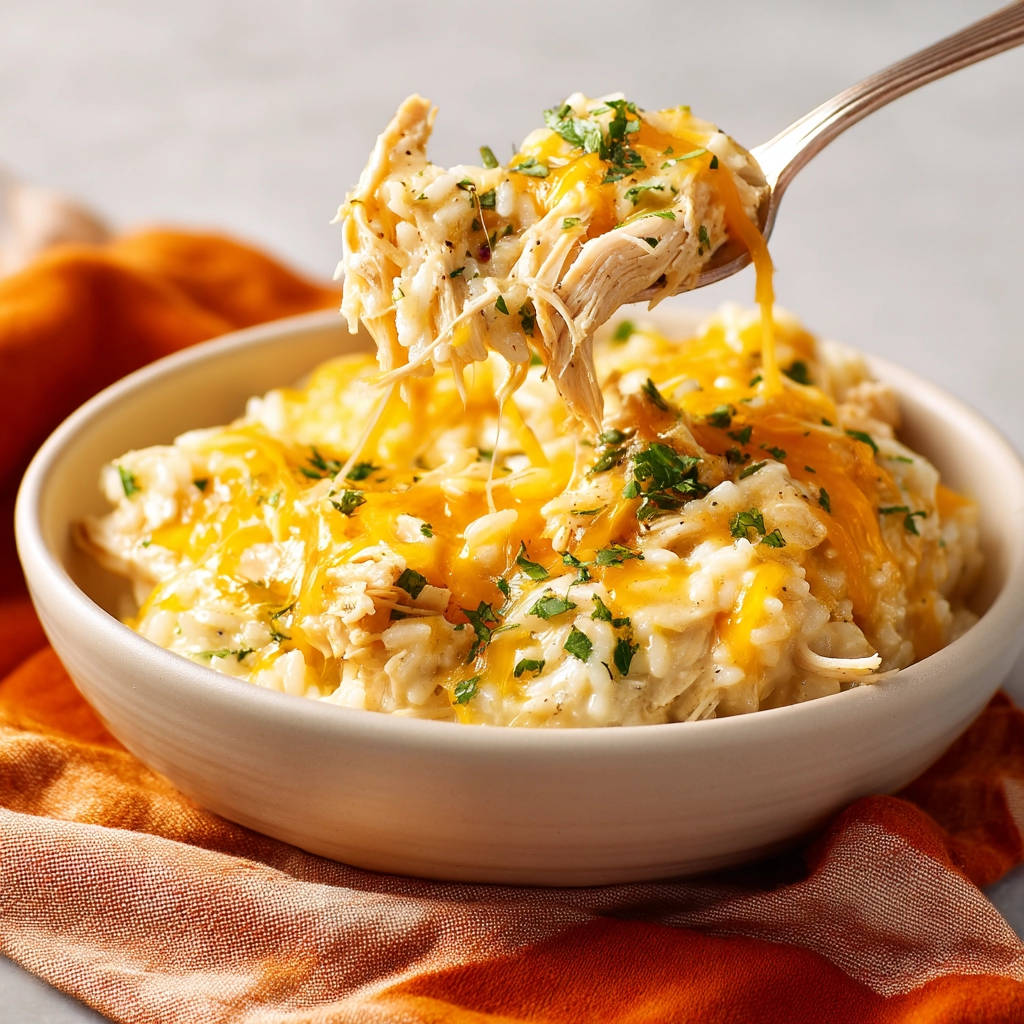 Creamy chicken and rice bake shown in a bowl with a spoonful being lifted, showcasing a delicious cheese pull.