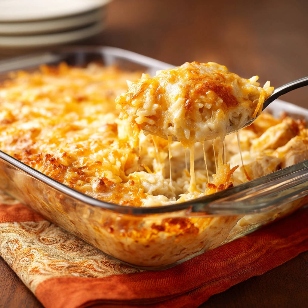 Creamy chicken and rice casserole with a spoonful being lifted, showing melted cheese strings.