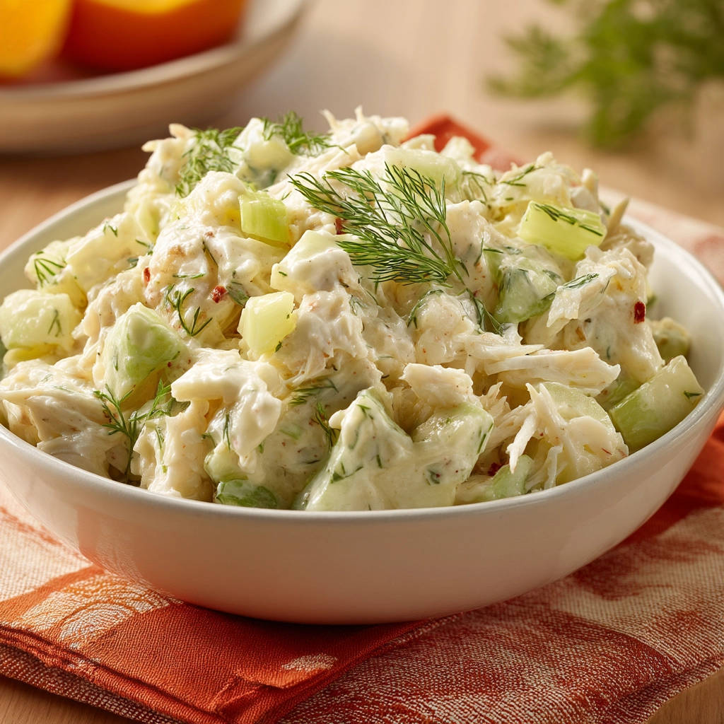 Creamy chicken salad, a close-up view of the fresh and textured salad served in a white bowl.