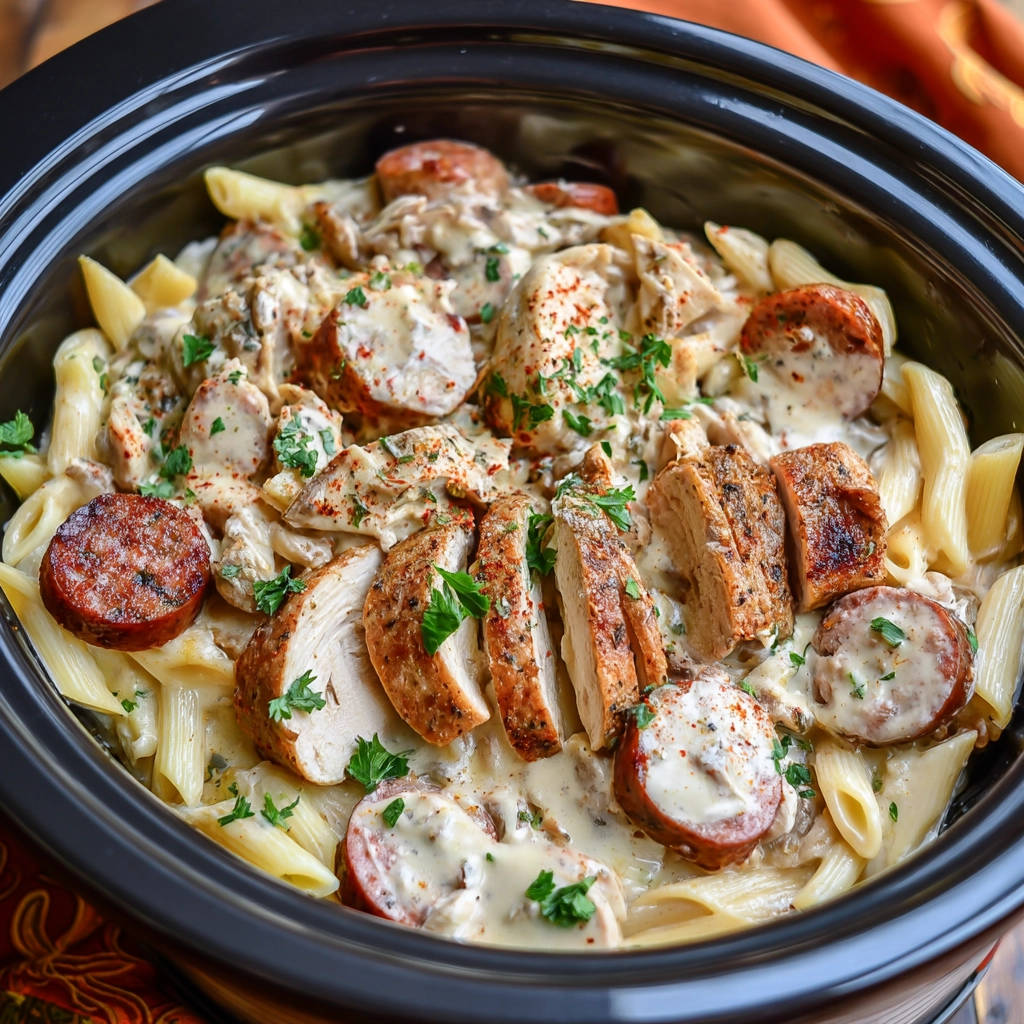Creamy chicken sausage pasta overhead view in a slow cooker, garnished with parsley.