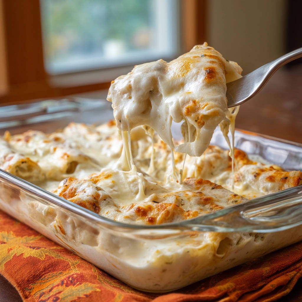 Creamy chicken tortilla bake being lifted with a fork, showing gooey melted cheese strings.
