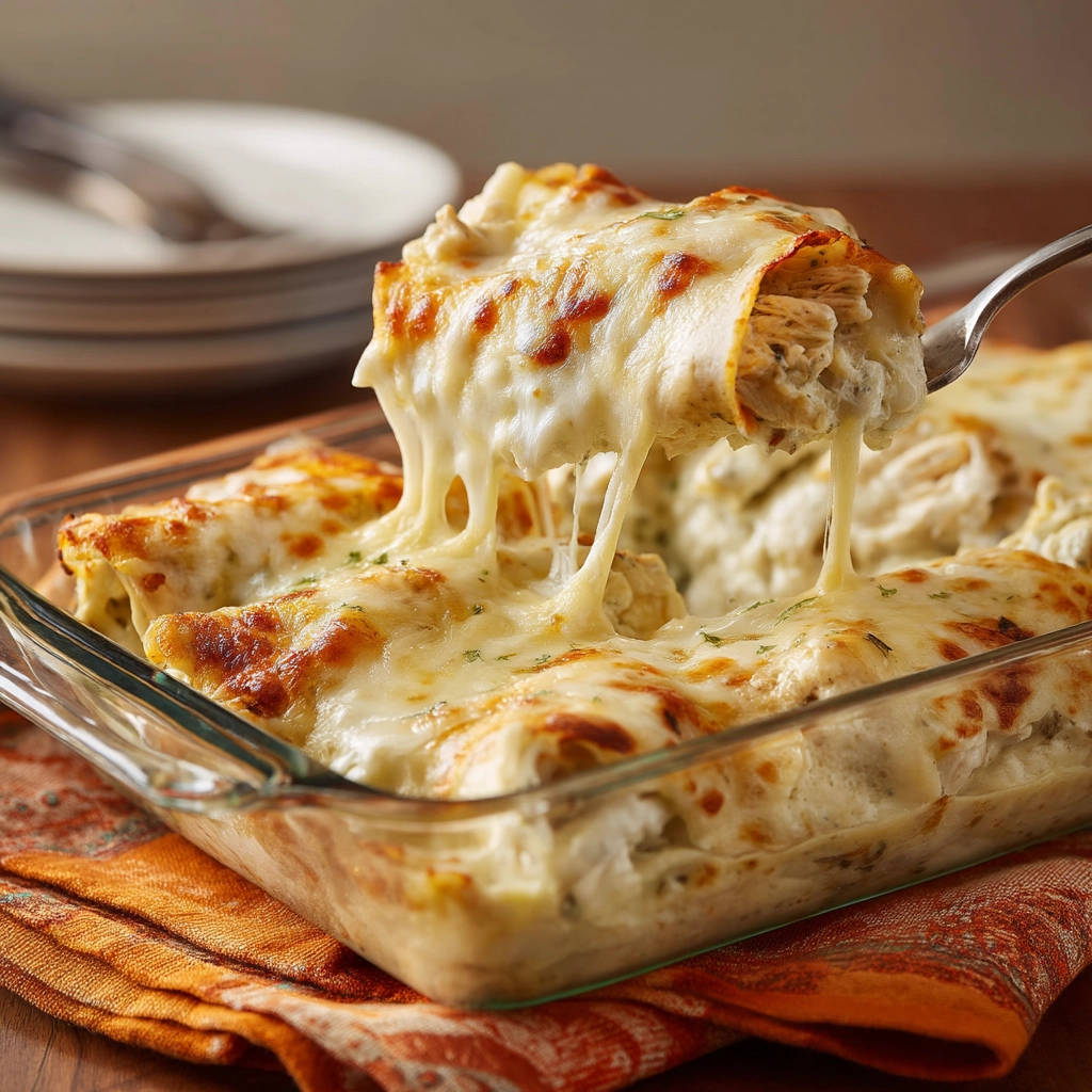 Creamy chicken tortilla bake with a fork lifting a cheesy, gooey portion, showing a delicious cross-section.