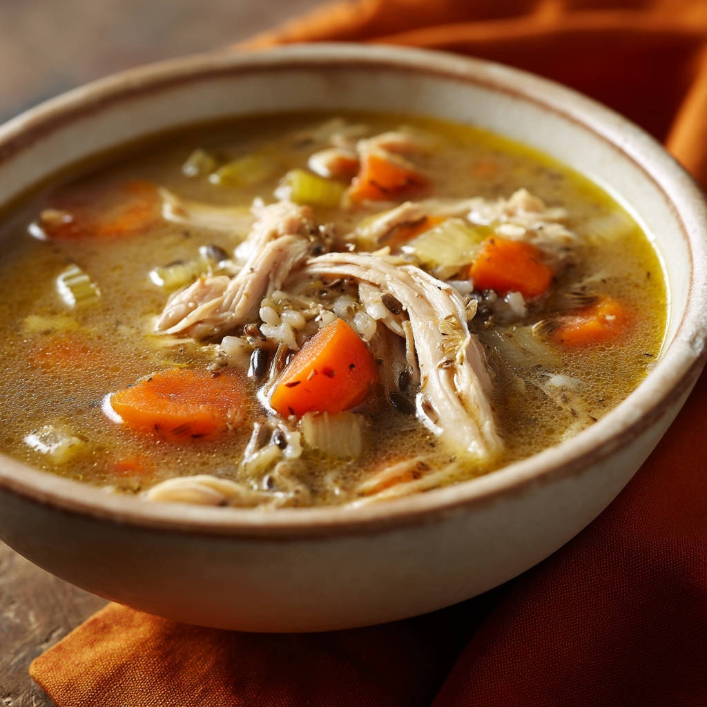 Creamy chicken and wild rice soup in a bowl, showing shredded chicken, carrots, celery, and rice up close.