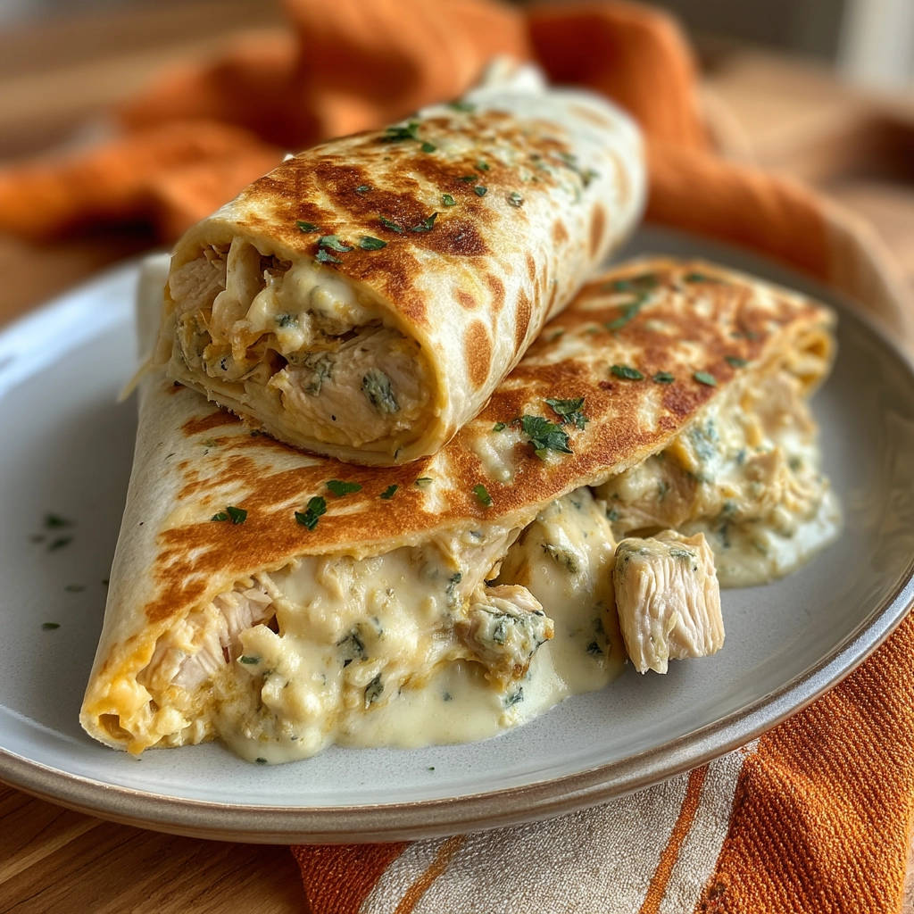 Best Creamy Chicken Wraps shown in a close-up cross-section with melted cheese oozing out.