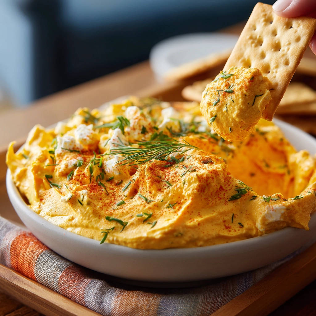 Creamy deviled egg dip scooped onto a cracker, garnished with herbs and paprika