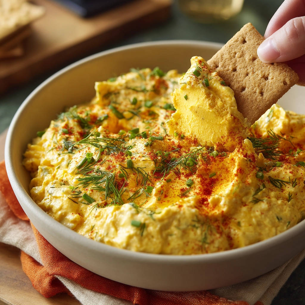 Creamy deviled egg dip with a graham cracker scooping the rich, yellow mixture.