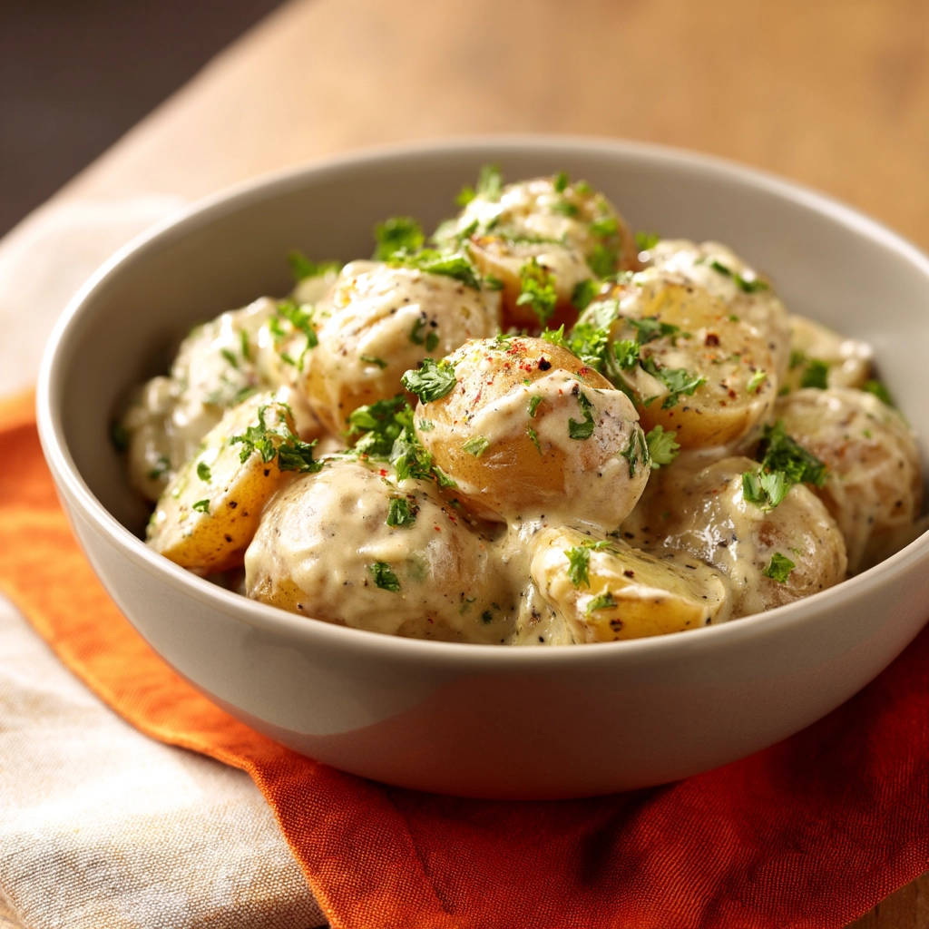 Creamy herb potatoes served in a bowl, generously garnished with fresh parsley and a sprinkle of paprika.