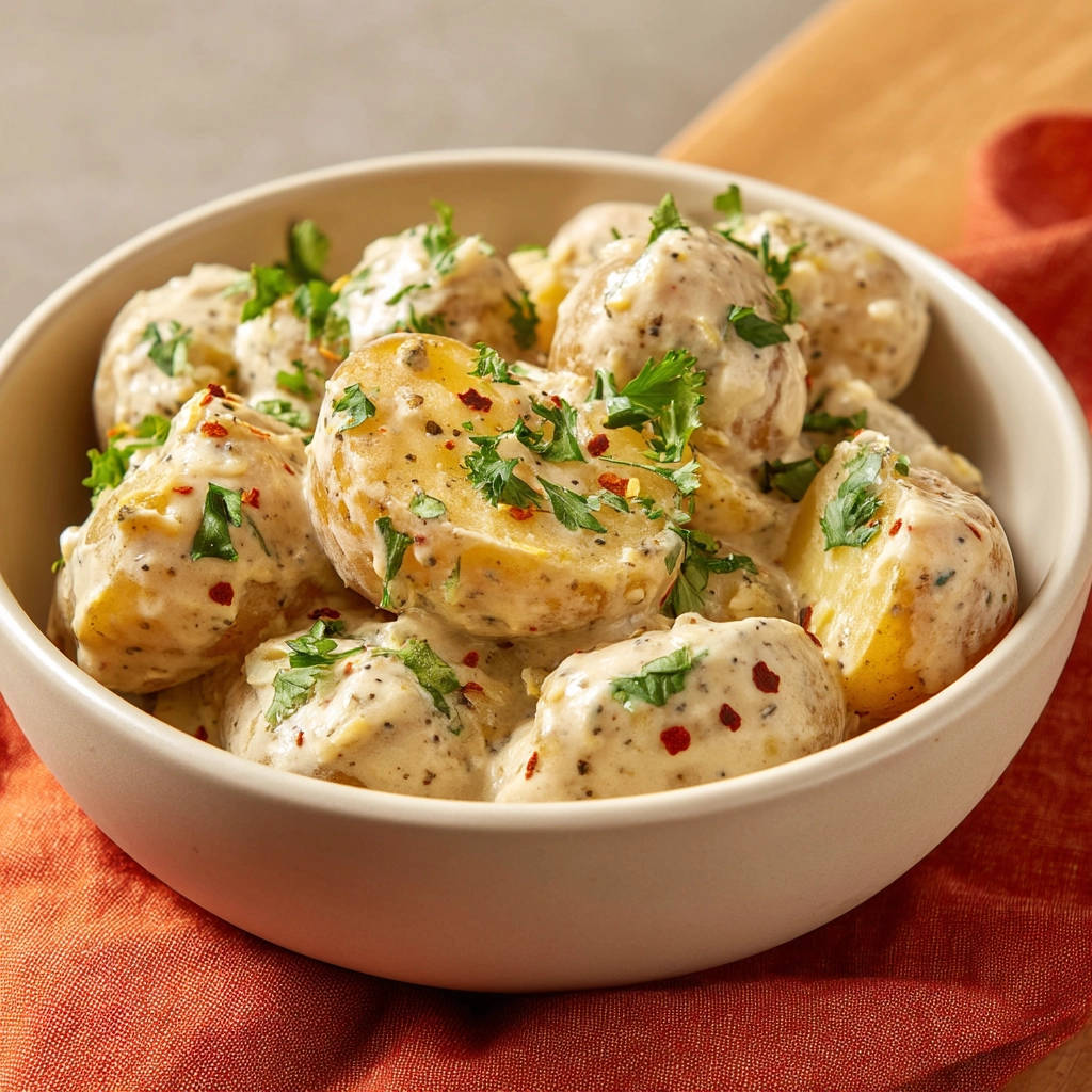 Creamy herb potatoes in a bowl, generously garnished with fresh parsley and red pepper flakes.