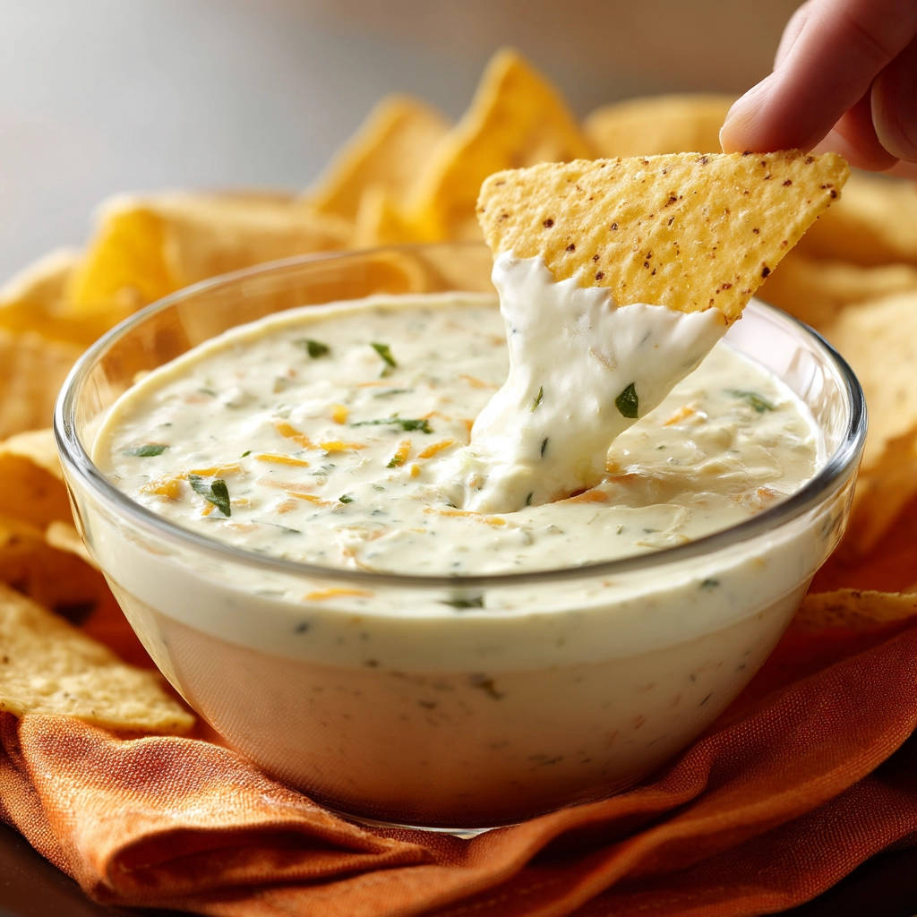Creamy jalapeño dip with a tortilla chip pulling a gooey string of cheese from the bowl.