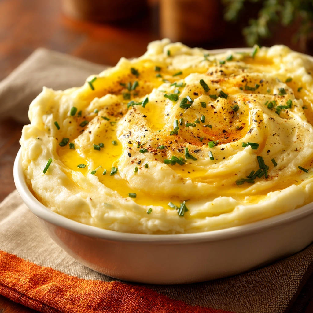 Creamy mashed potatoes with melted butter and chives garnished with pepper in a white bowl.