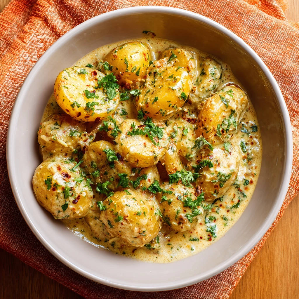 Creamy mustard potatoes served in a light grey bowl, garnished with fresh parsley, shown from an overhead perspective.