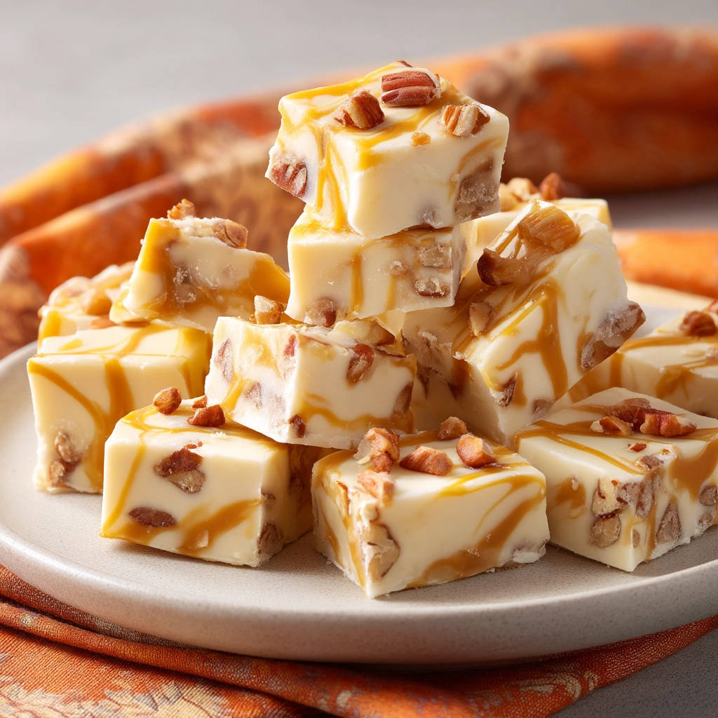 Creamy pecan fudge, featured in a close-up shot, is beautifully stacked on a plate with caramel drizzle and chopped pecans.
