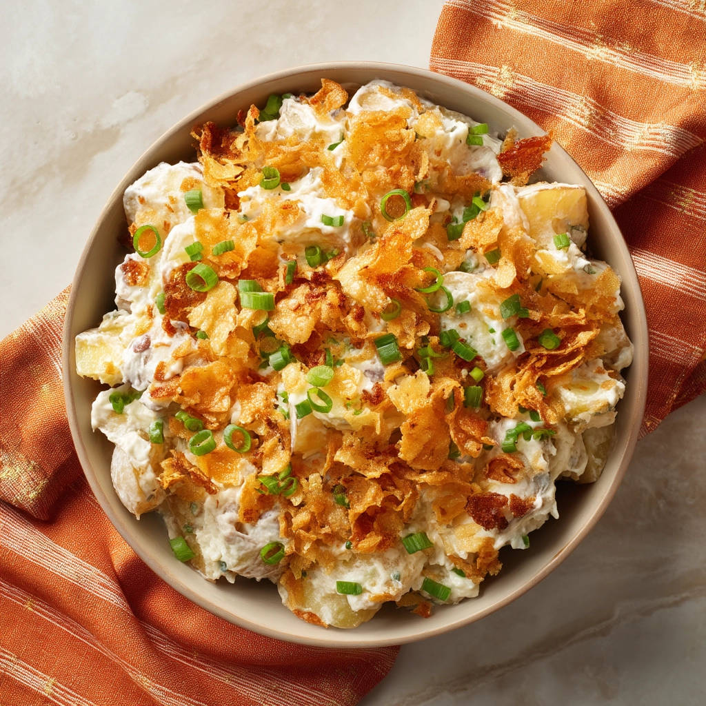 Creamy potato salad in a bowl, topped with crispy fried onions and chopped green onions for a delightful texture.