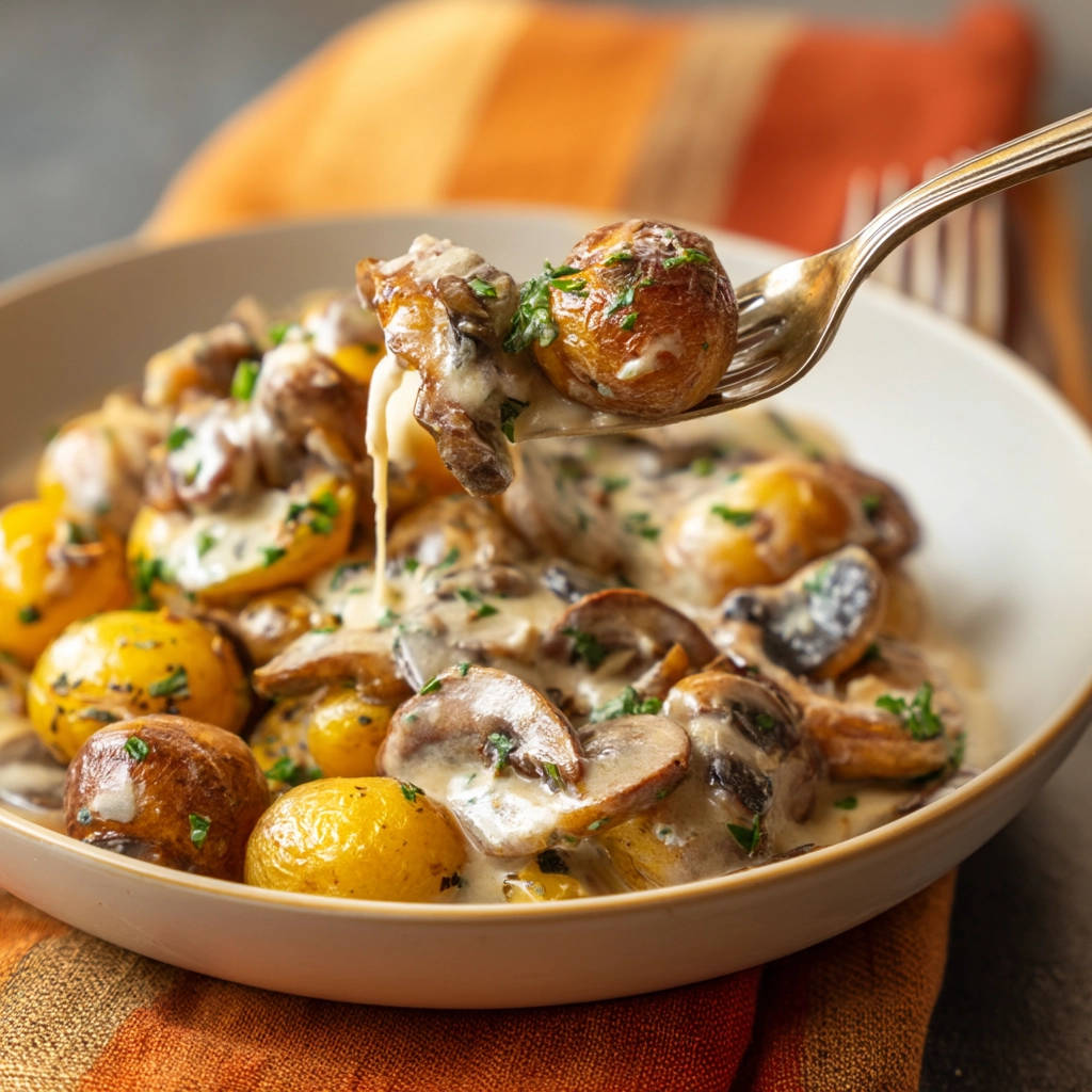 Creamy potatoes and mushrooms with a fork lifting a portion, showcasing the rich sauce and tender ingredients.