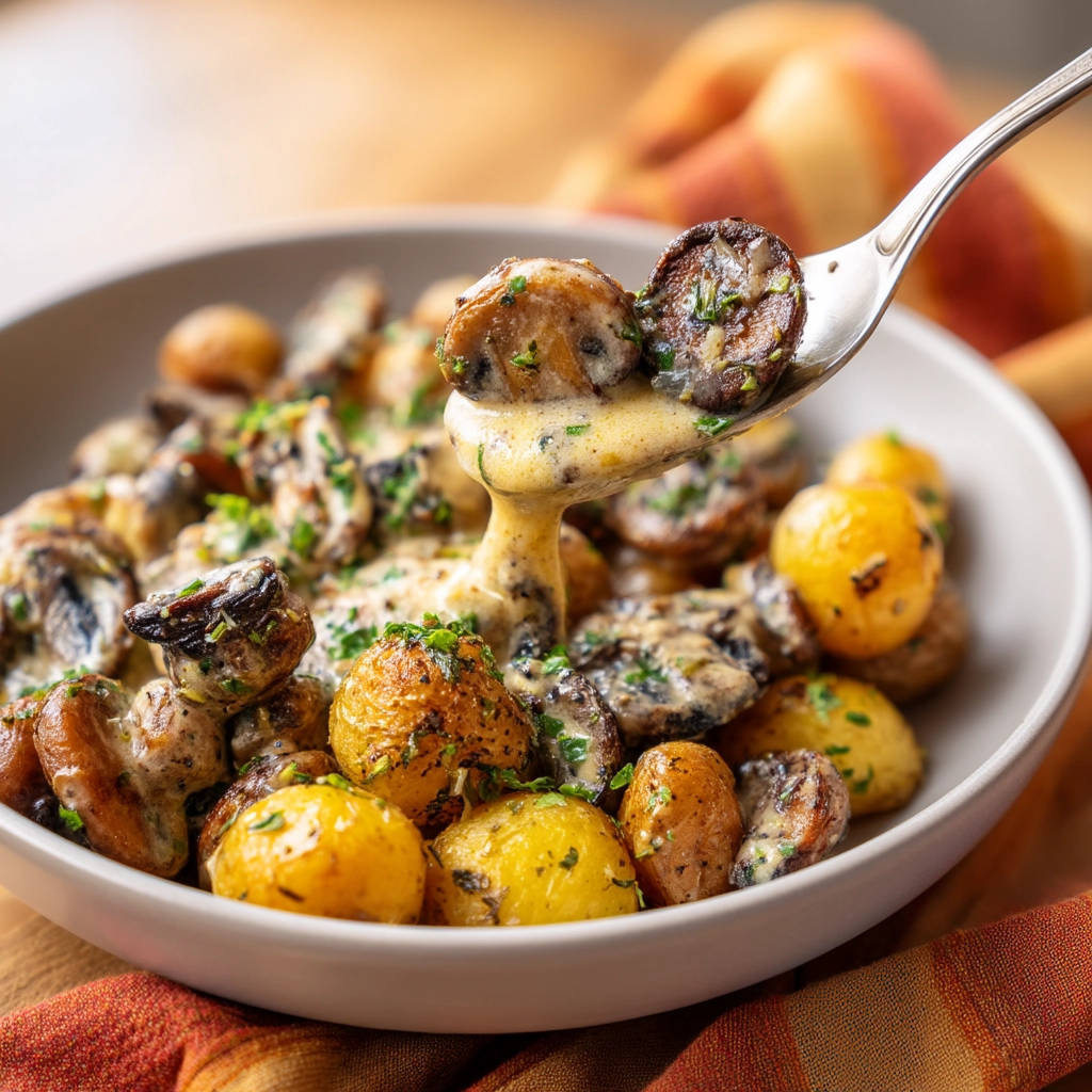 Creamy potatoes and mushrooms with sauce being scooped onto a spoon, showing a rich creamy texture.