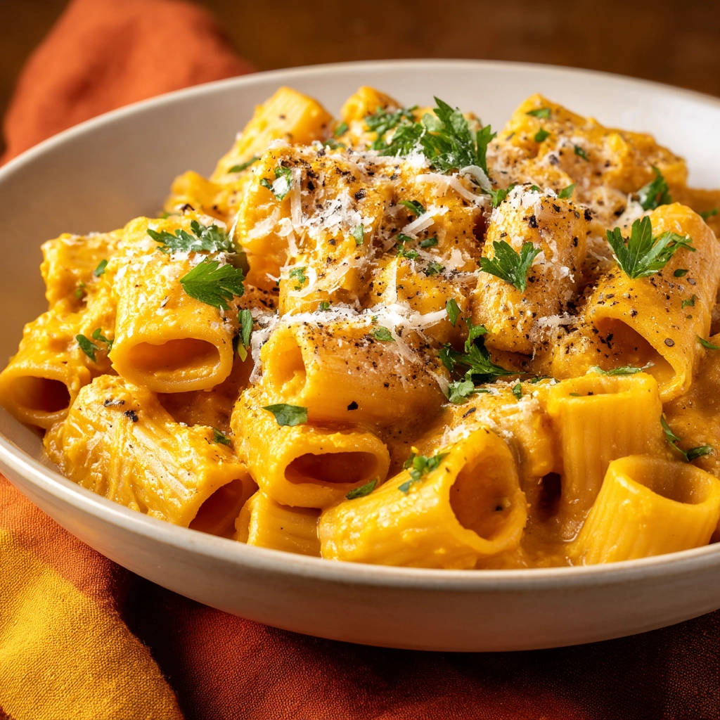 Creamy pumpkin rigatoni served in a white bowl, garnished with fresh parsley and grated cheese.