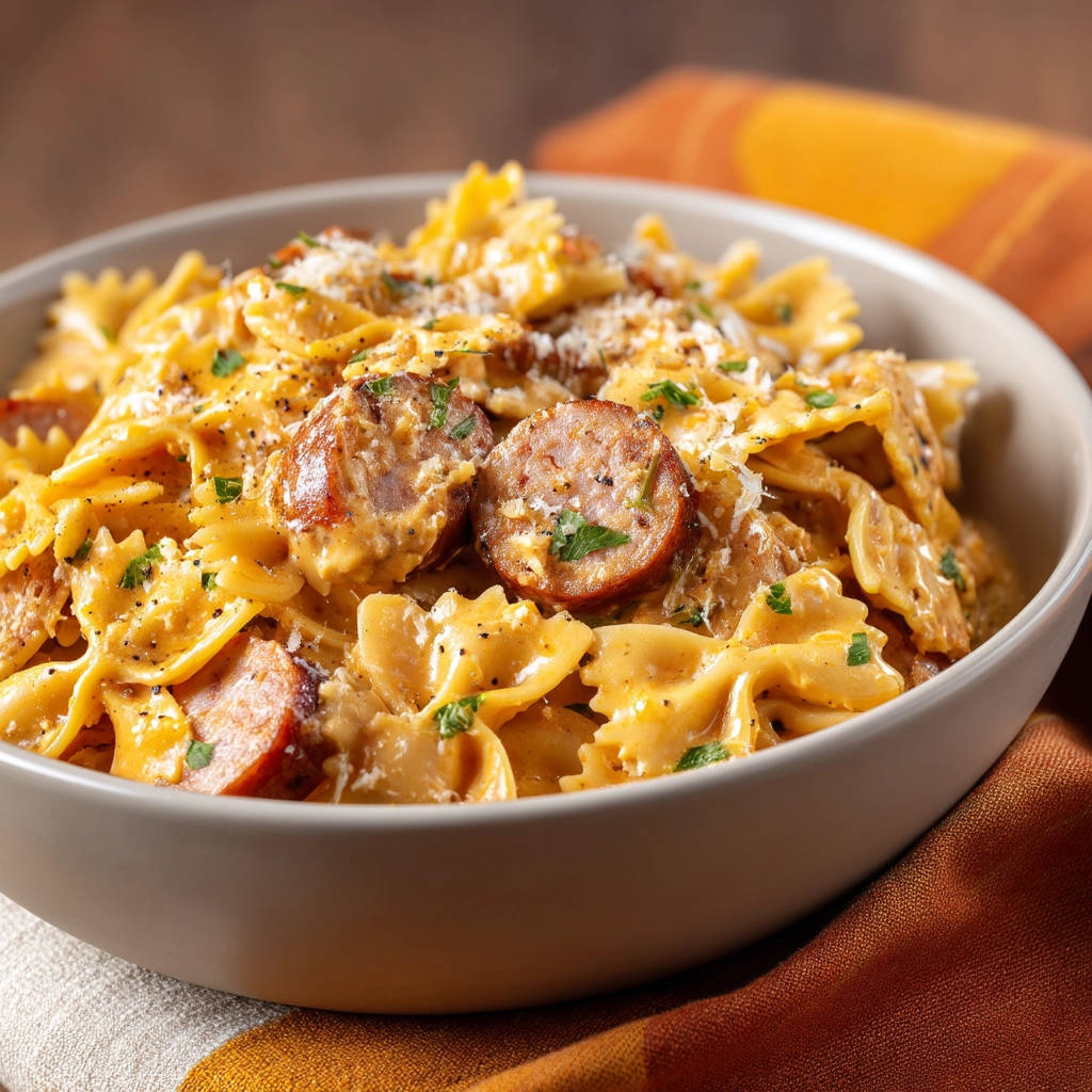 Creamy sausage bowties in a bowl, featuring a close-up view of the pasta, sausage slices, and rich sauce.
