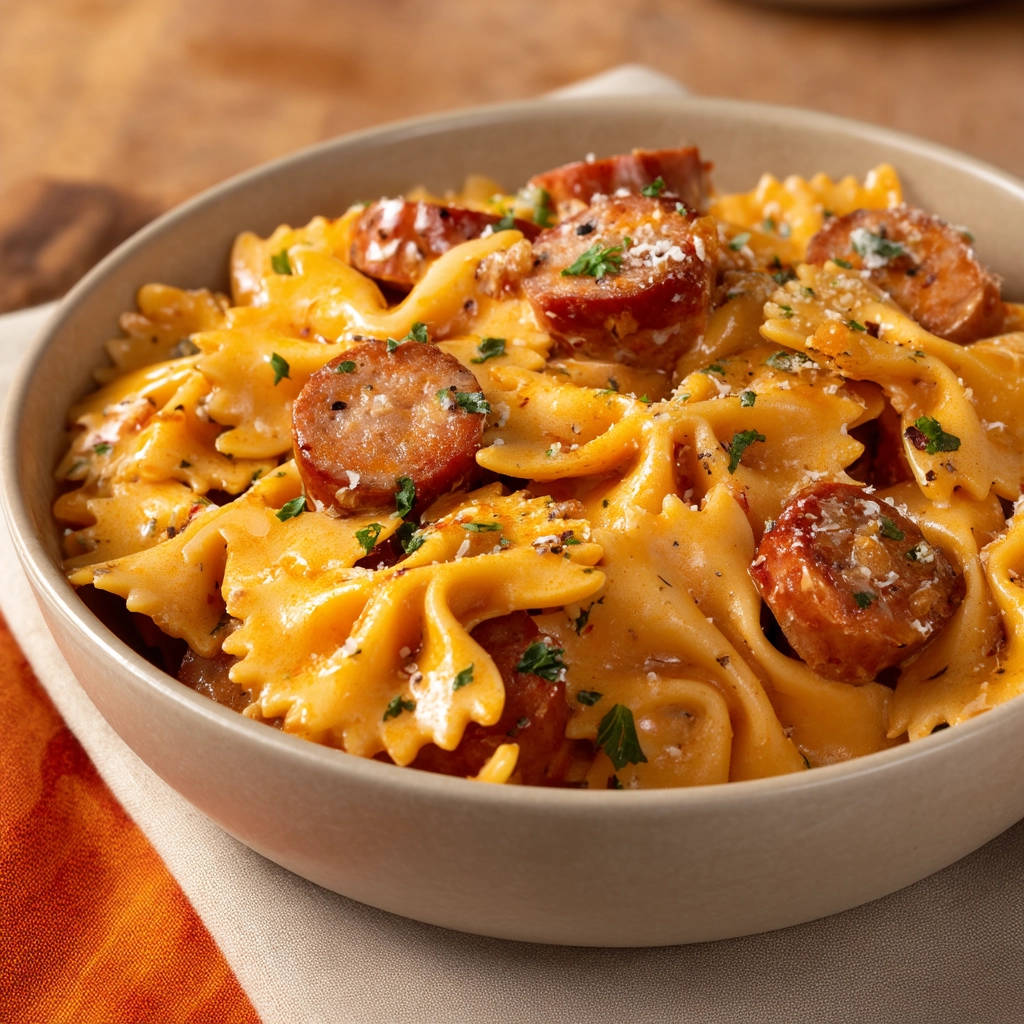Creamy sausage bowties with a close-up view of the rich, clinging cheese sauce and sliced sausage.