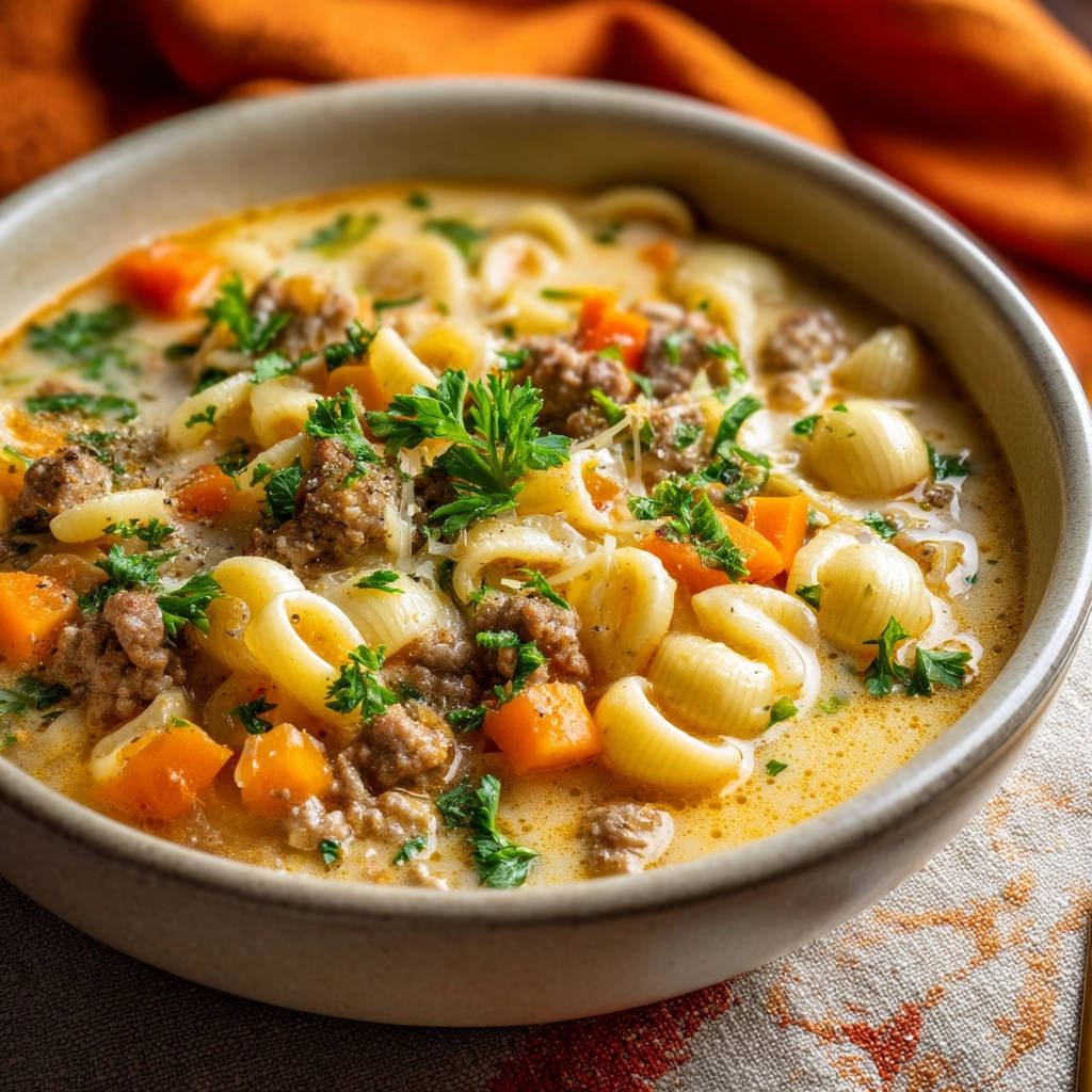 Creamy sausage pasta soup in a bowl, showing a close-up view of the rich broth, pasta shells, and crumbled sausage.