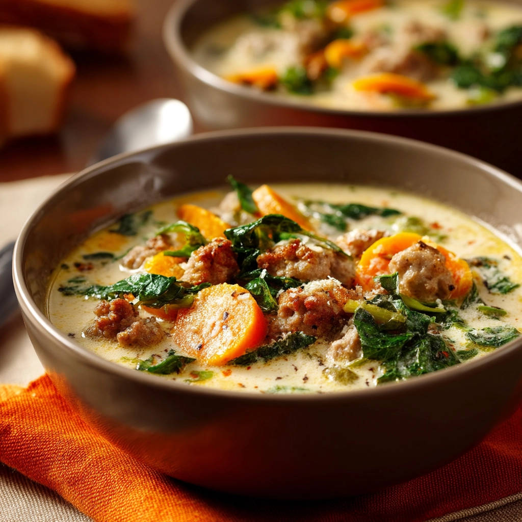 Creamy sausage and sweet potato soup shown in a close-up bowl detail with visible sausage, sweet potato slices, and greens.