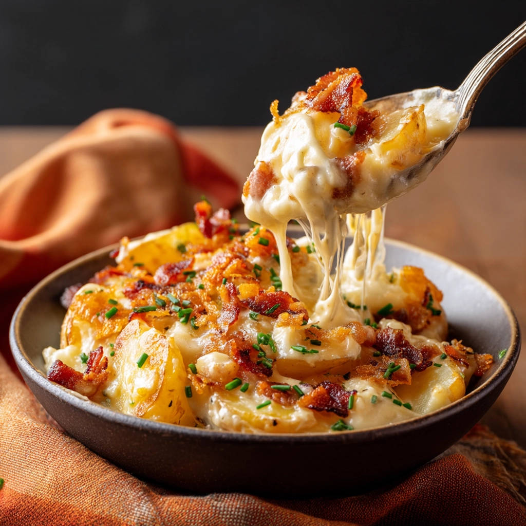 Creamy scalloped potatoes with bacon and chives, a spoonful showing melted cheese strings.