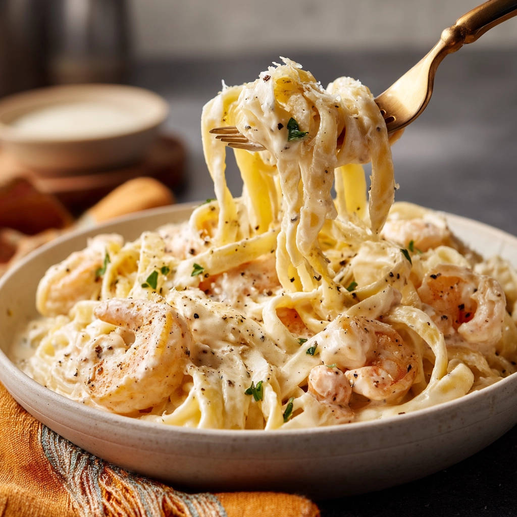 Creamy shrimp fettuccine with a forkful twirling the pasta, showcasing the rich sauce and tender shrimp.