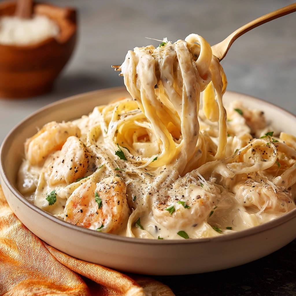 Creamy shrimp fettuccine being twirled onto a fork, showcasing its rich sauce clinging to the pasta.