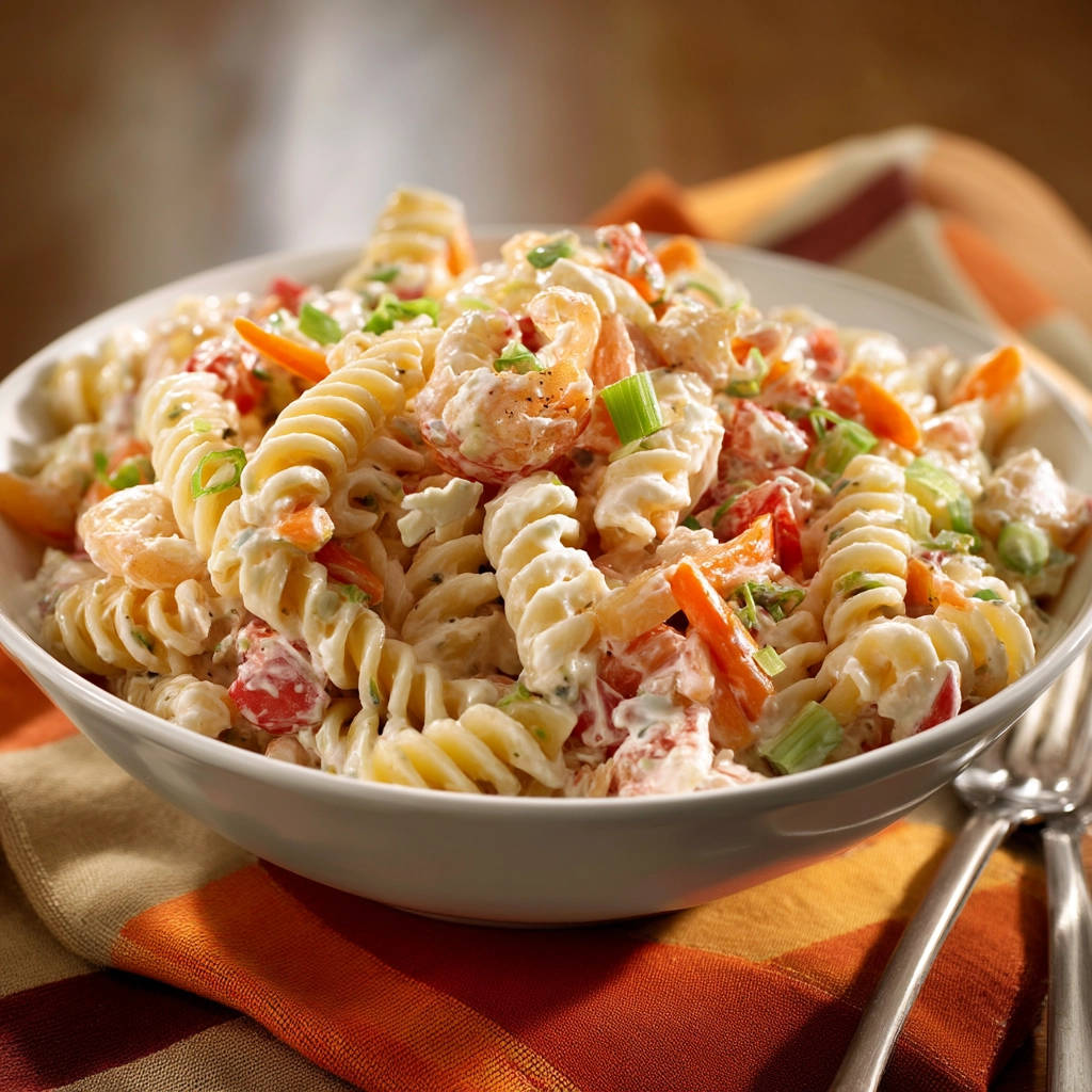 Creamy shrimp pasta salad in a white bowl, featuring fusilli pasta, shrimp, and chopped vegetables.