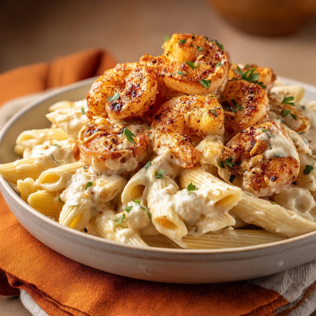 Creamy shrimp penne with a close-up view of the rich, thick sauce coating the pasta and shrimp.