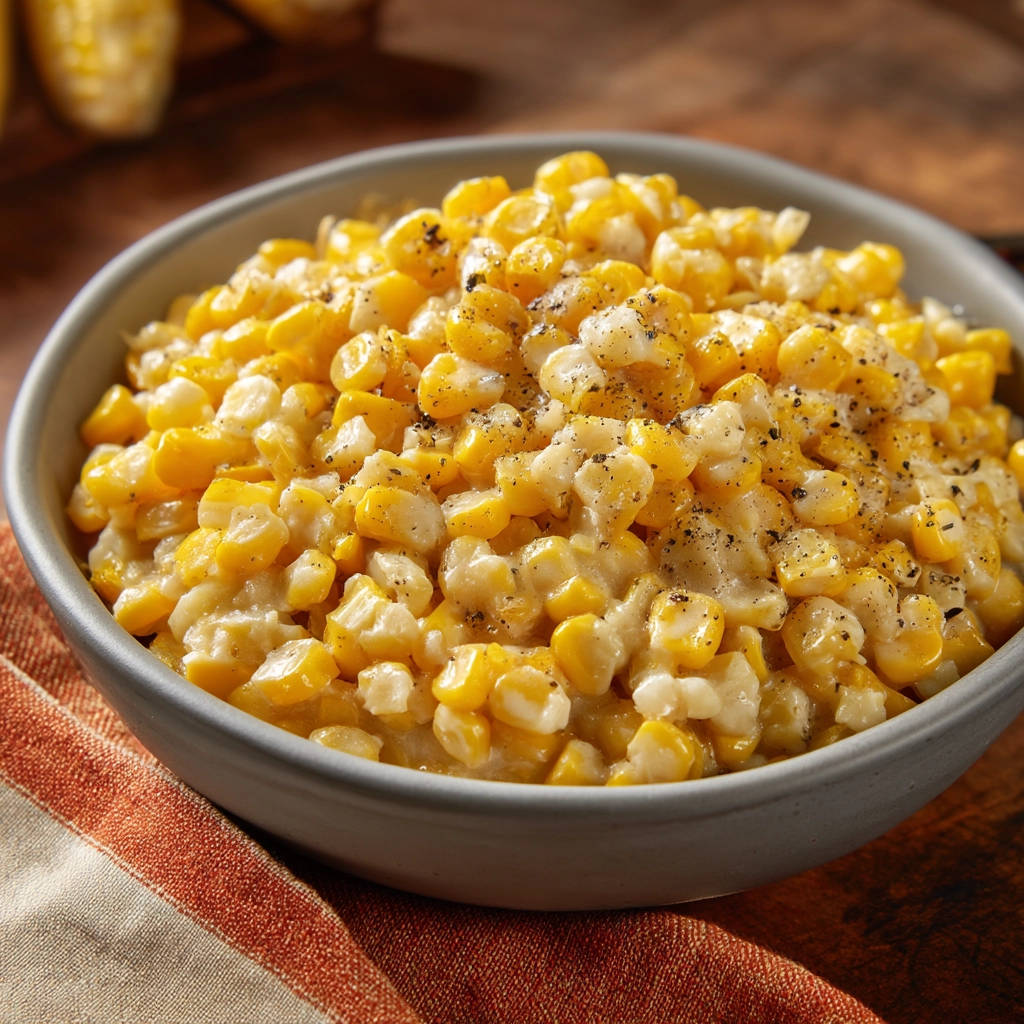 Creamy skillet corn served in a grey bowl, seasoned with black pepper, showcasing its rich texture.