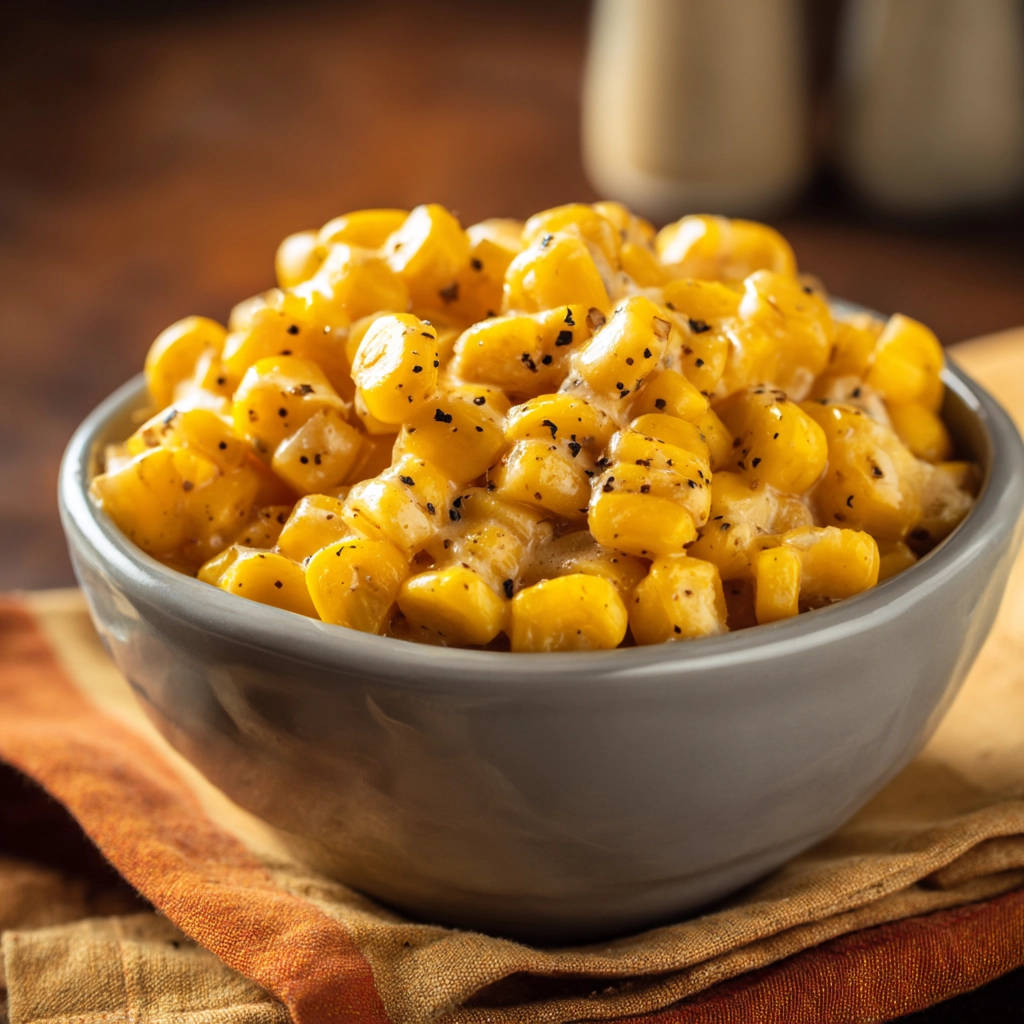 Creamy skillet corn, a close-up view highlighting the rich texture of the corn kernels coated in a creamy sauce and speckled with black pepper.