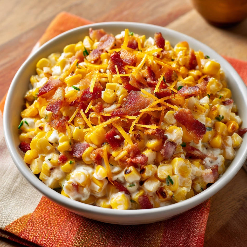 Creamy sweet corn skillet topped with crumbled bacon and shredded cheddar cheese in a white bowl.