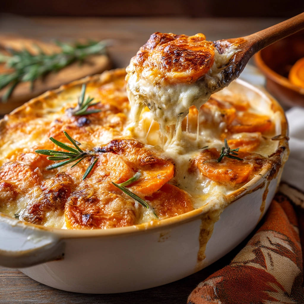 Creamy sweet potato gratin being lifted with a wooden spoon, showing melted cheese stretching.