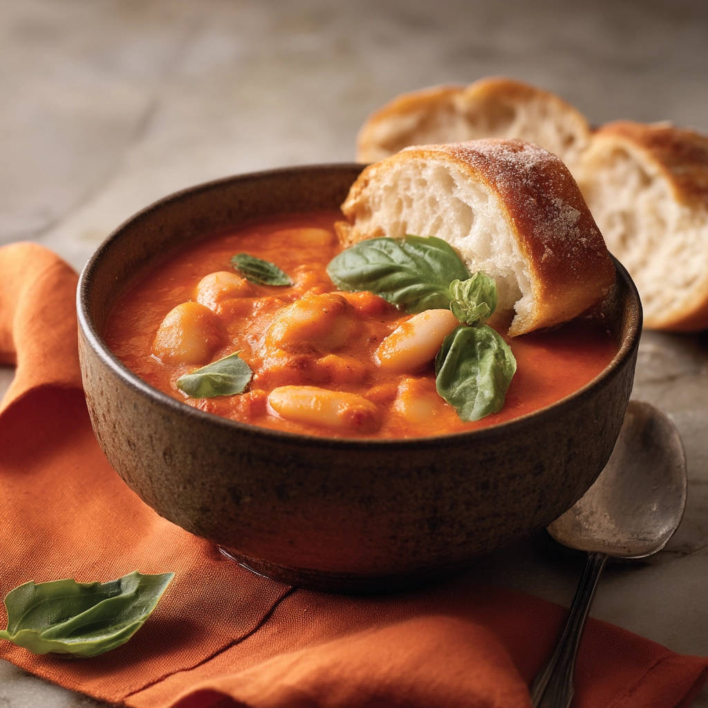 Creamy tomato and white bean soup served in a rustic bowl, garnished with fresh basil and a slice of bread.