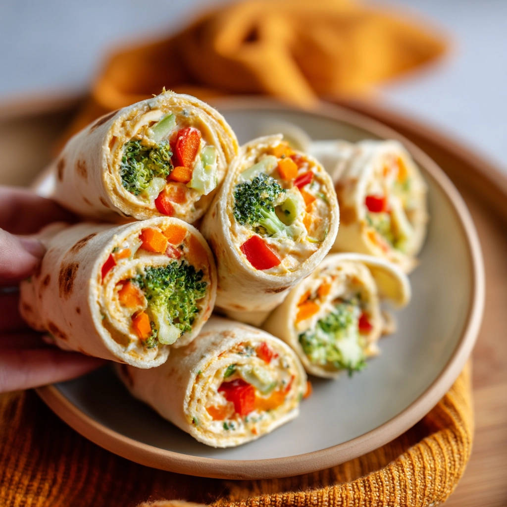 Creamy veggie pinwheels close-up showing the colorful broccoli, red pepper, and carrot filling inside the tortilla slices.