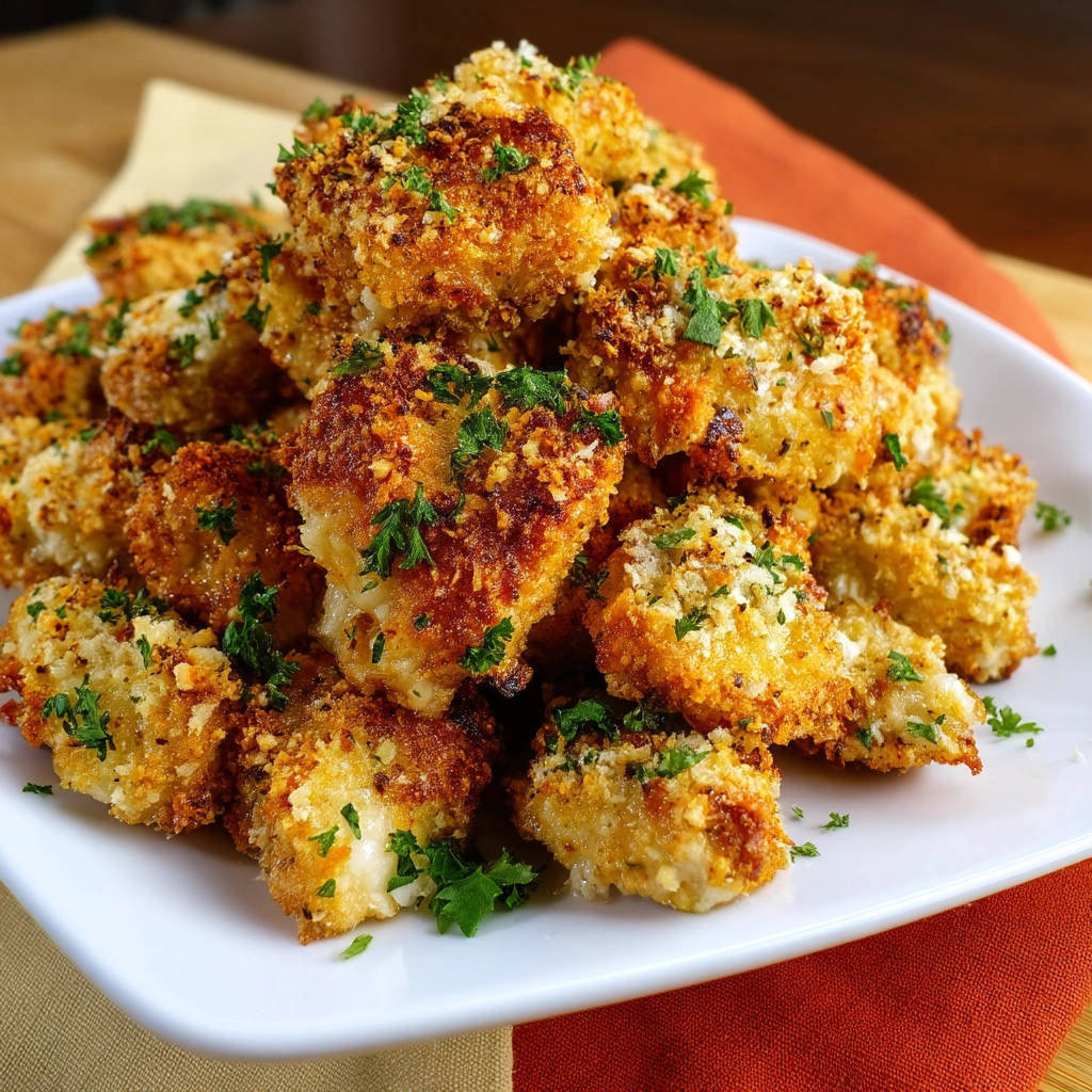 Crispy baked chicken bites piled high on a white plate and garnished with fresh parsley.