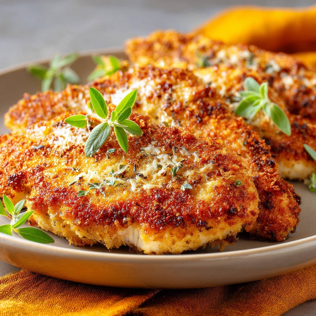 Crispy baked chicken cutlets garnished with fresh herbs in a close-up view on a plate.