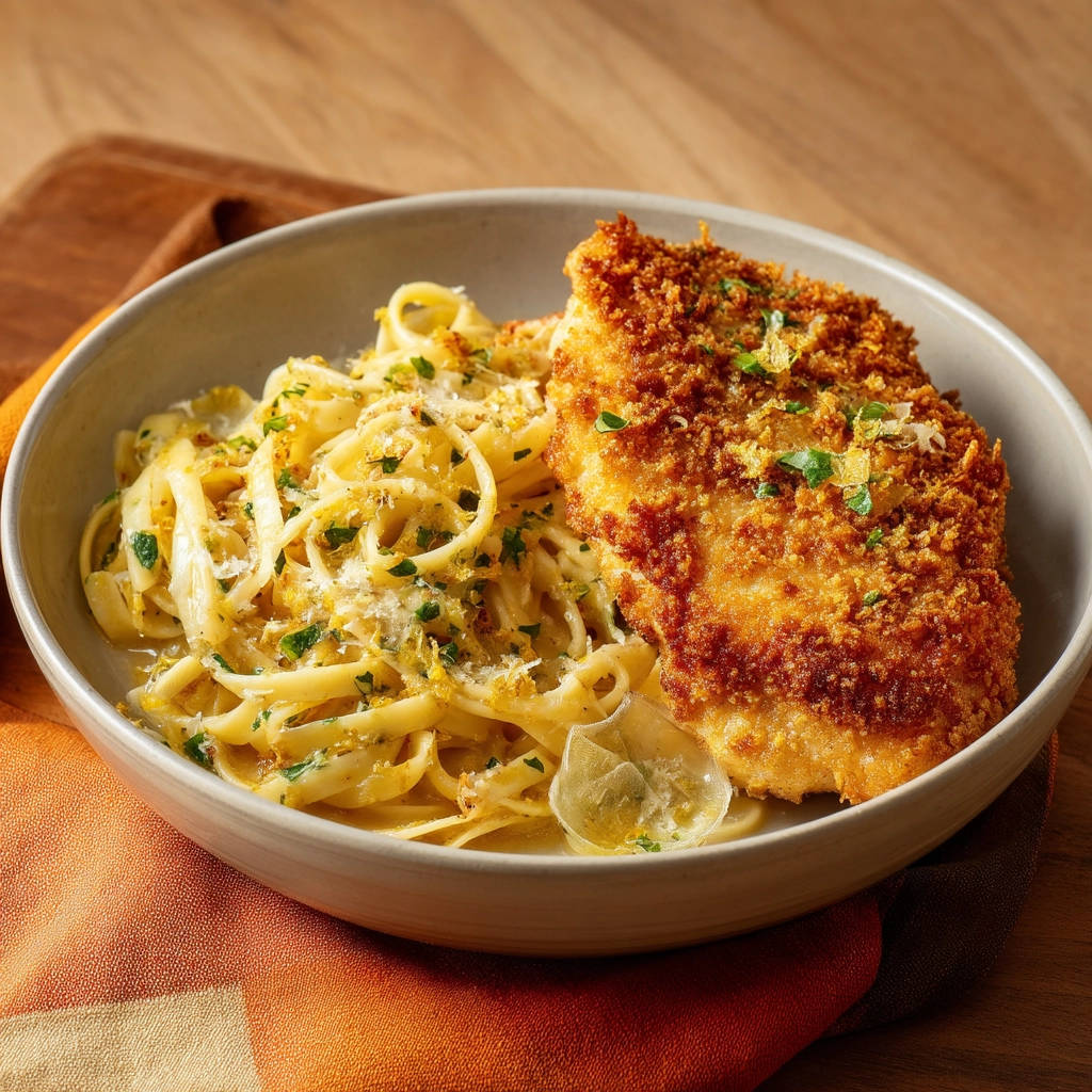 Crispy baked cod with lemon pasta served in a bowl, captured from an overhead perspective.