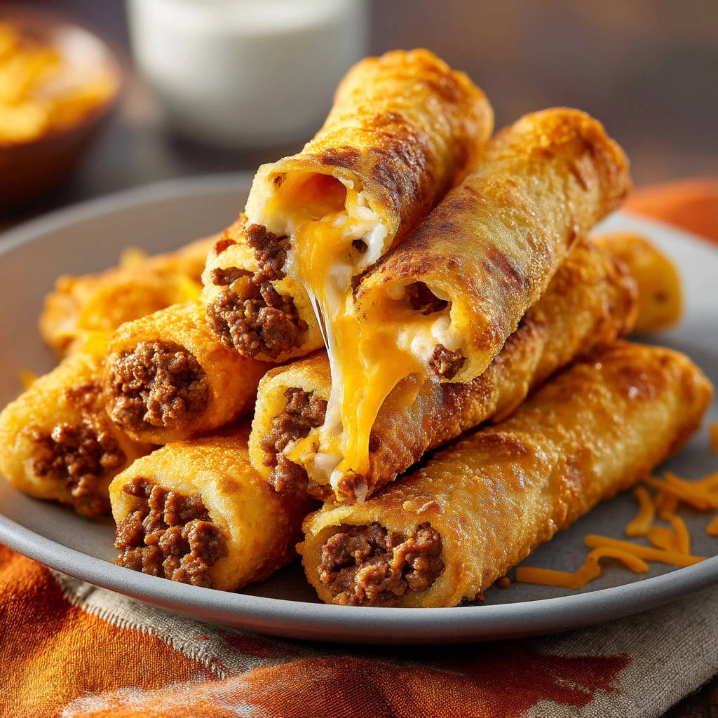 Crispy beef flautas with a cheesy cross-section revealing melted cheese and seasoned ground beef filling.