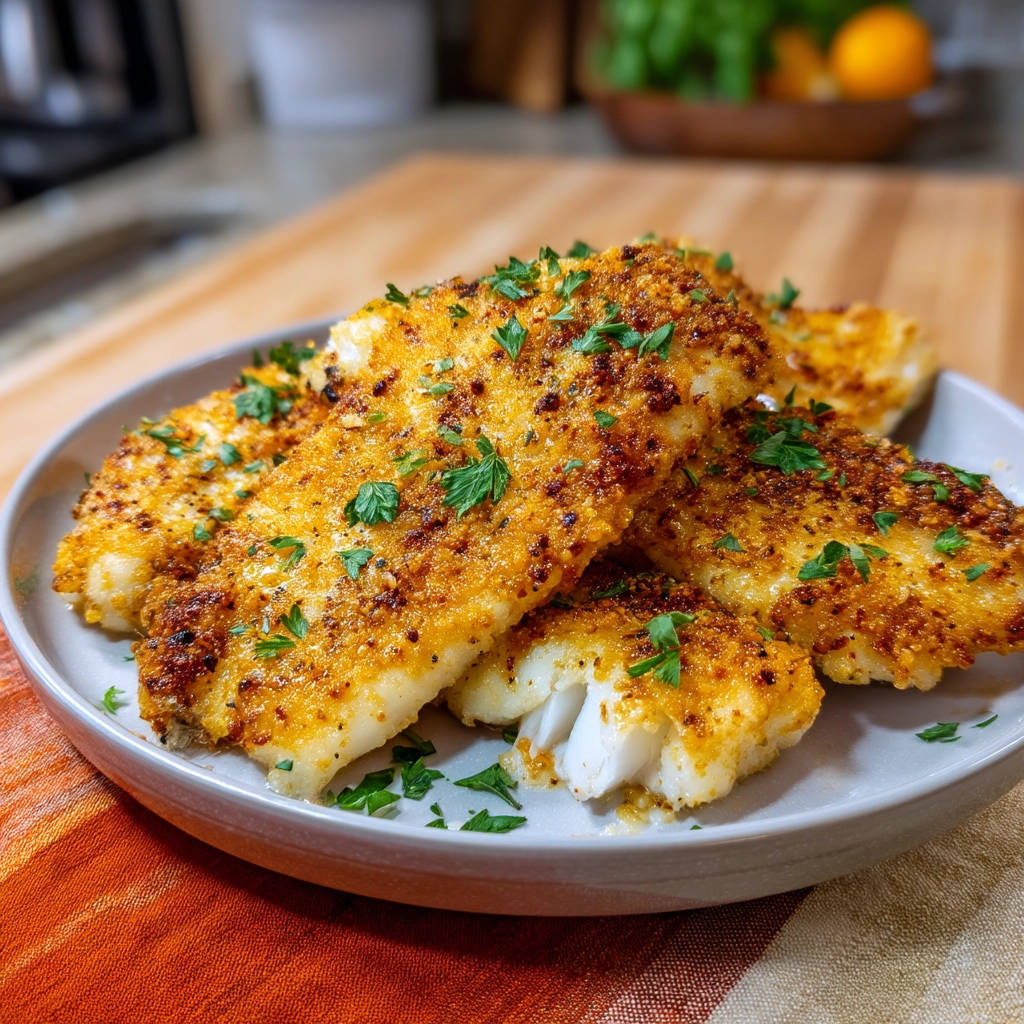 Crispy breaded fish fillets served on a plate, showcasing a side-view with a close-up of the golden-brown breading and tender white fish.