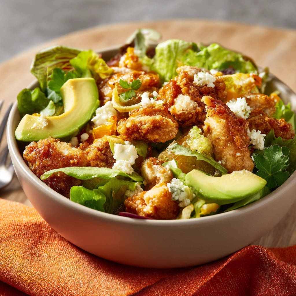Crispy Buffalo Chicken Salad served in a bowl with avocado and blue cheese, showing a close-up view of the ingredients.