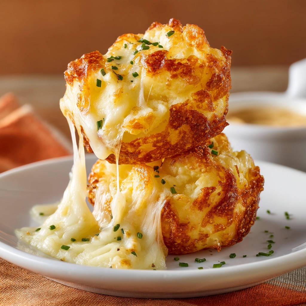 Crispy cheesy potato puffs with gooey cheese pulling dramatically, garnished with chives on a white plate.